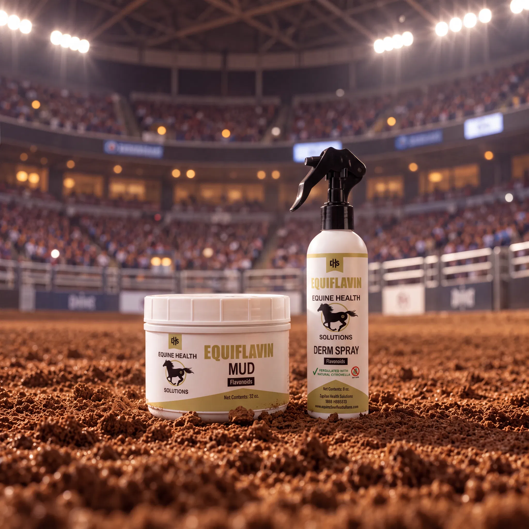 EQUIFLAVIN Mud and Derm Spray in rodeo arena dirt under stadium lights