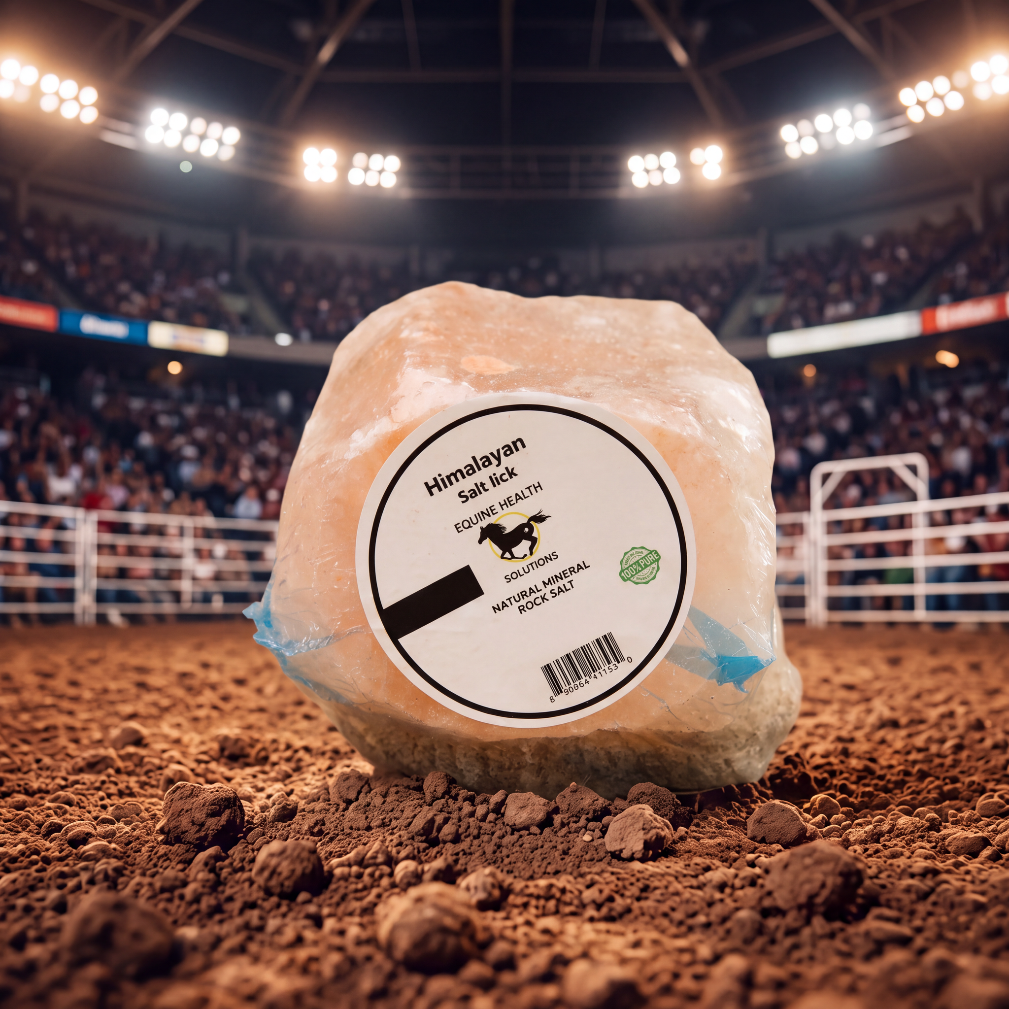 Pure Himalayan salt lick in rodeo arena dirt under stadium lights