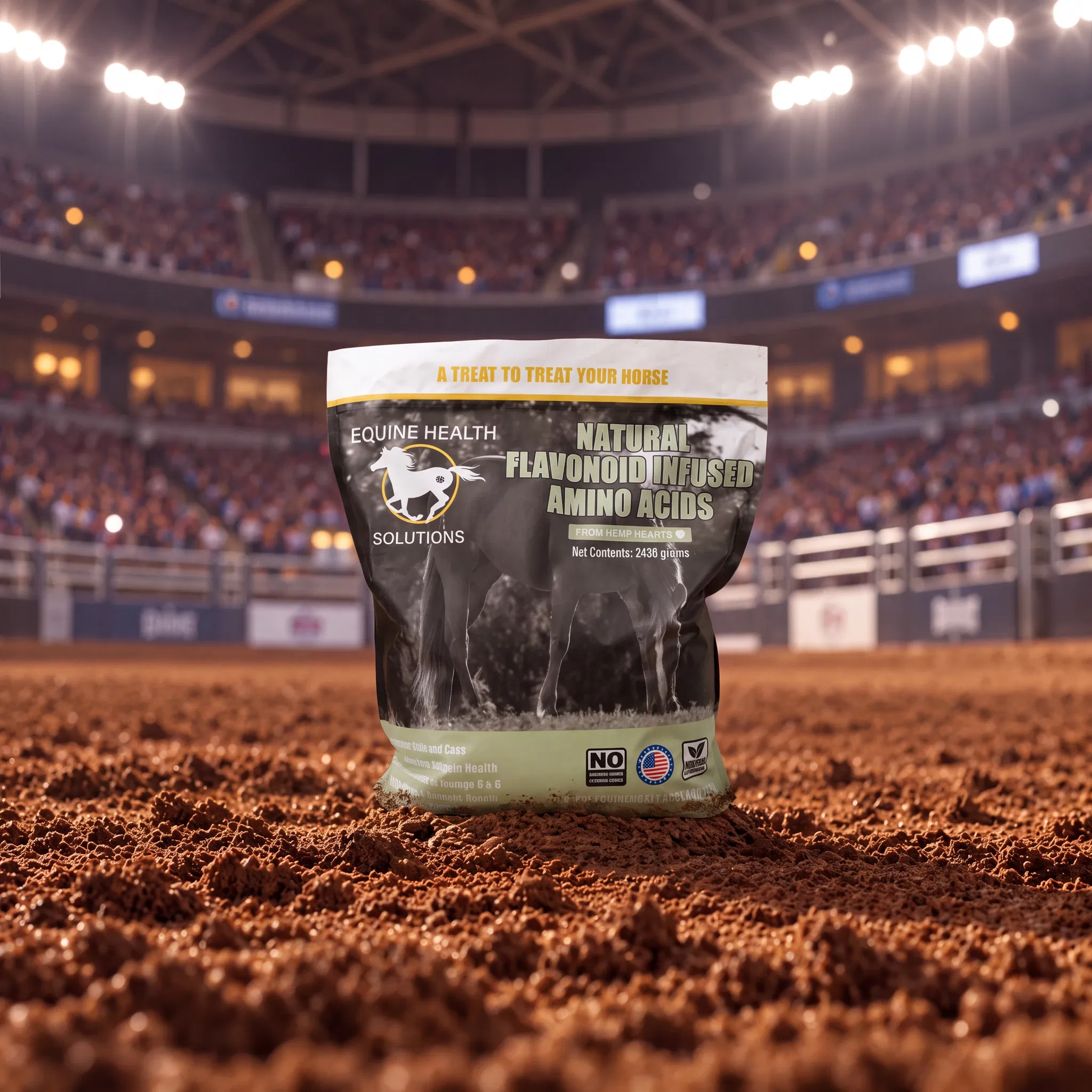 Flavonoid Infused Amino Acids bag in rodeo arena dirt under stadium lights