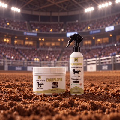 EQUIFLAVIN Mud and Derm Spray in rodeo arena dirt under stadium lights