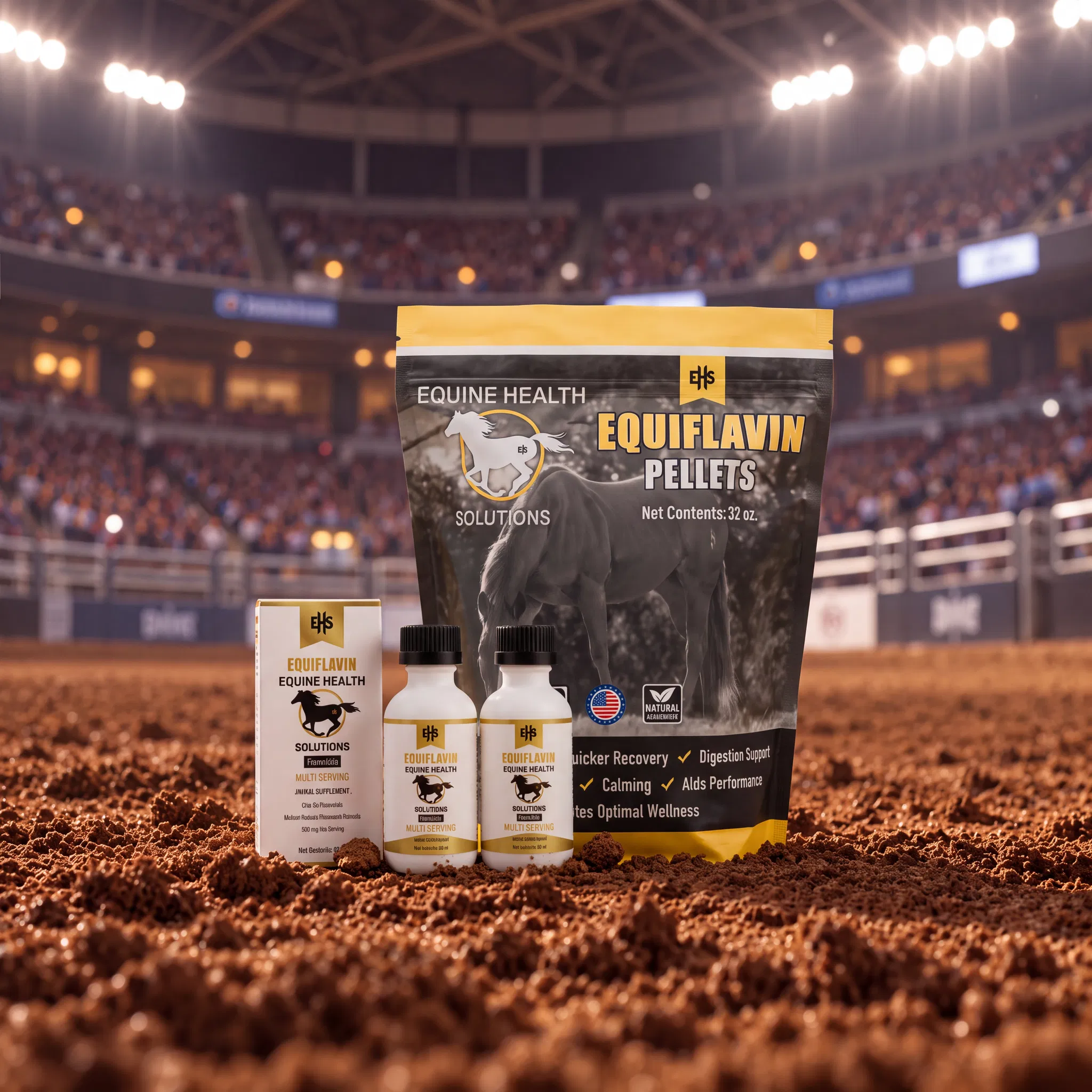 Two EQUIFLAVIN Multi Dose bottles and a bag of Pellets in rodeo arena dirt under stadium lights