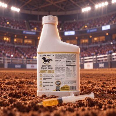 Equiflavin Joint Jelly 500 ml bottle with label and product facts, dosing syringe, in rodeo arena dirt under stadium lights