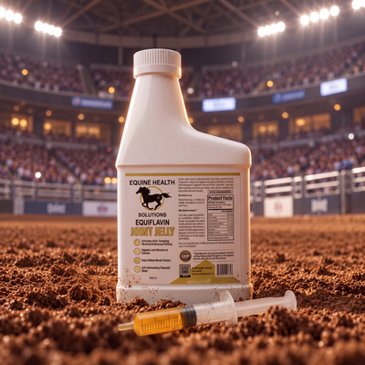 Equiflavin Joint Jelly 500 ml bottle and dosing syringe in rodeo arena dirt under stadium lights