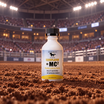 Equiflavin MC² Mental Calm & Clarity bottle standing in rodeo arena dirt