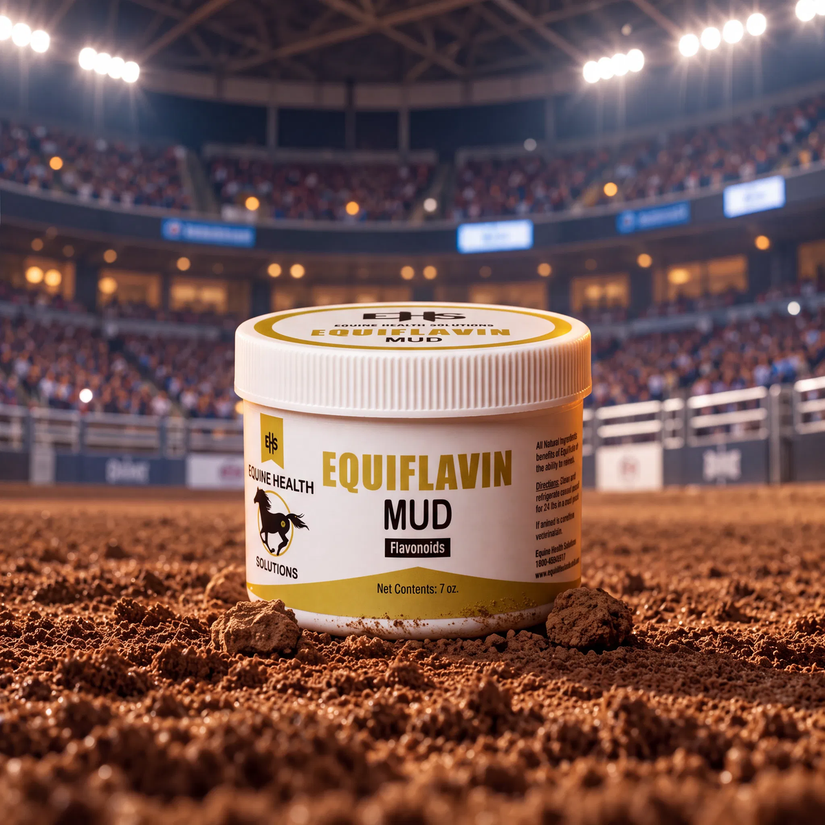 EQUIFLAVIN Mud 7 oz jar in rodeo arena dirt under stadium lights