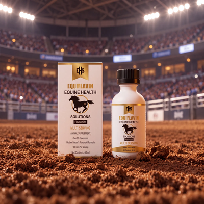 EQUIFLAVIN Multi Dose 60 ml bottle and box in rodeo arena dirt under stadium lights