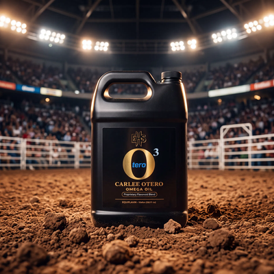 Carlee Otero Omega Oil jug in rodeo arena dirt under stadium lights