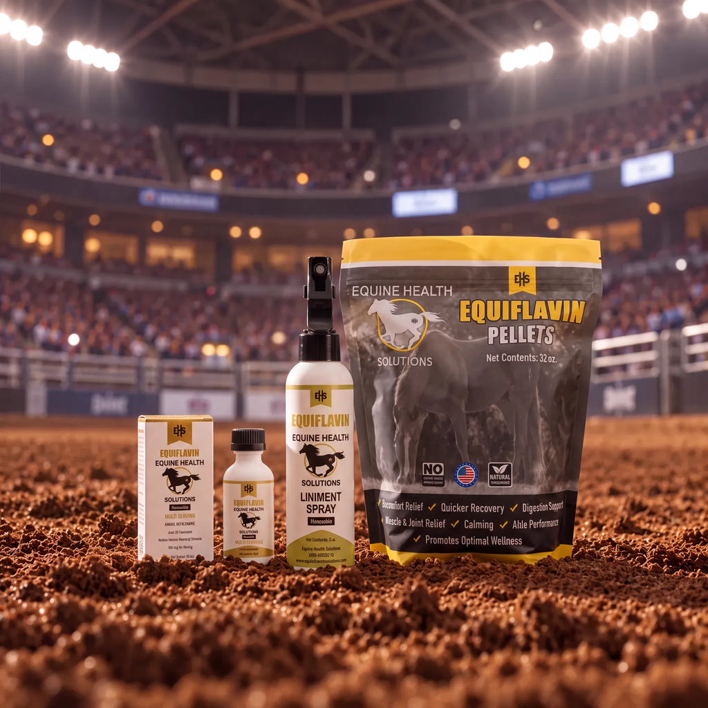 EQUIFLAVIN Multi Dose, Liniment Spray and Pellets in rodeo arena dirt under stadium lights