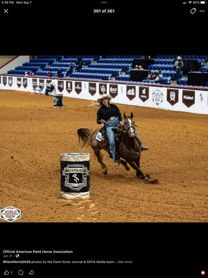 Carolyn R. running barrels at an indoor arena, from her verified review